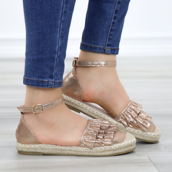 Sparkly Champagne Espadrille Ruffle Sandals - Picture 3 of 11